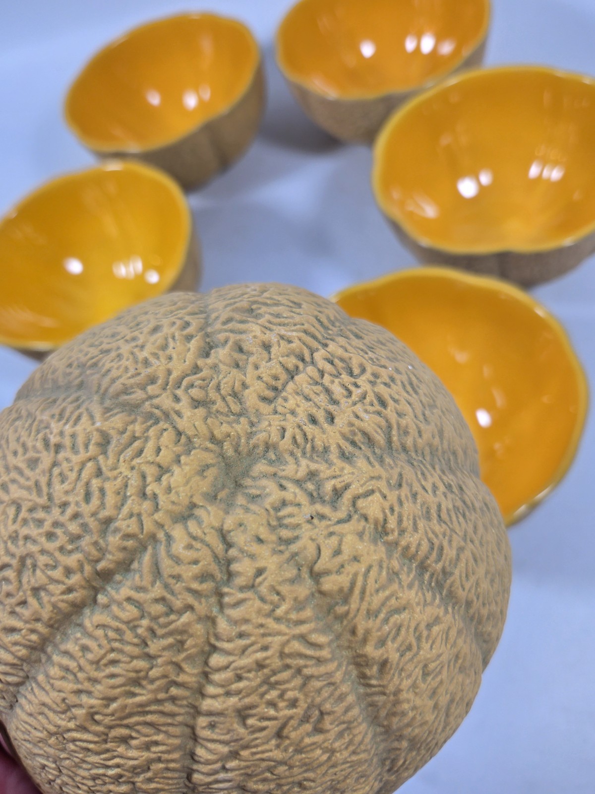 Set of 6 Cantaloupe Melon Bowls Green Rind Orange Interior Sandstone Creations
