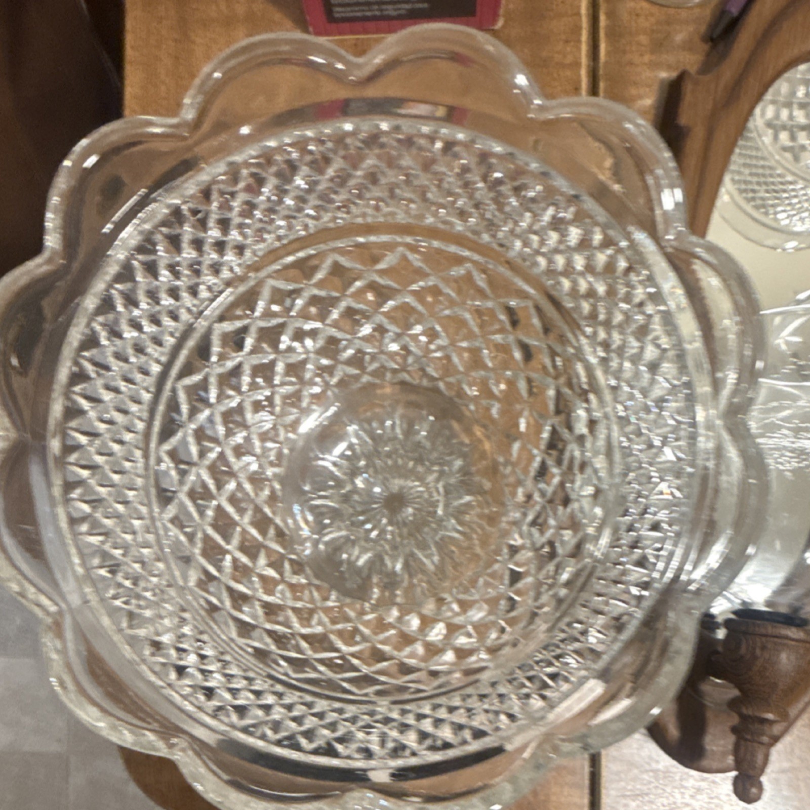 Clear Pressed Glass Pedestal Compote Bowl Diamond Pattern Decorative Round