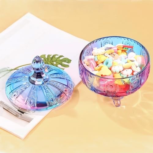 Purple-Blue Glass Candy Dish with Lid,Embossed Candy Jar with Lid 16Oz,Vintage