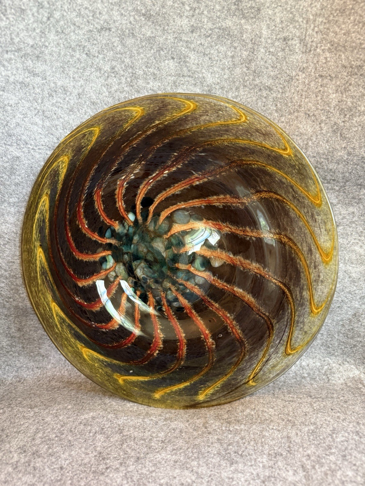 Contemporary Piece Of Art Glass Featuring A Swirling Design Brown, Blue & Red