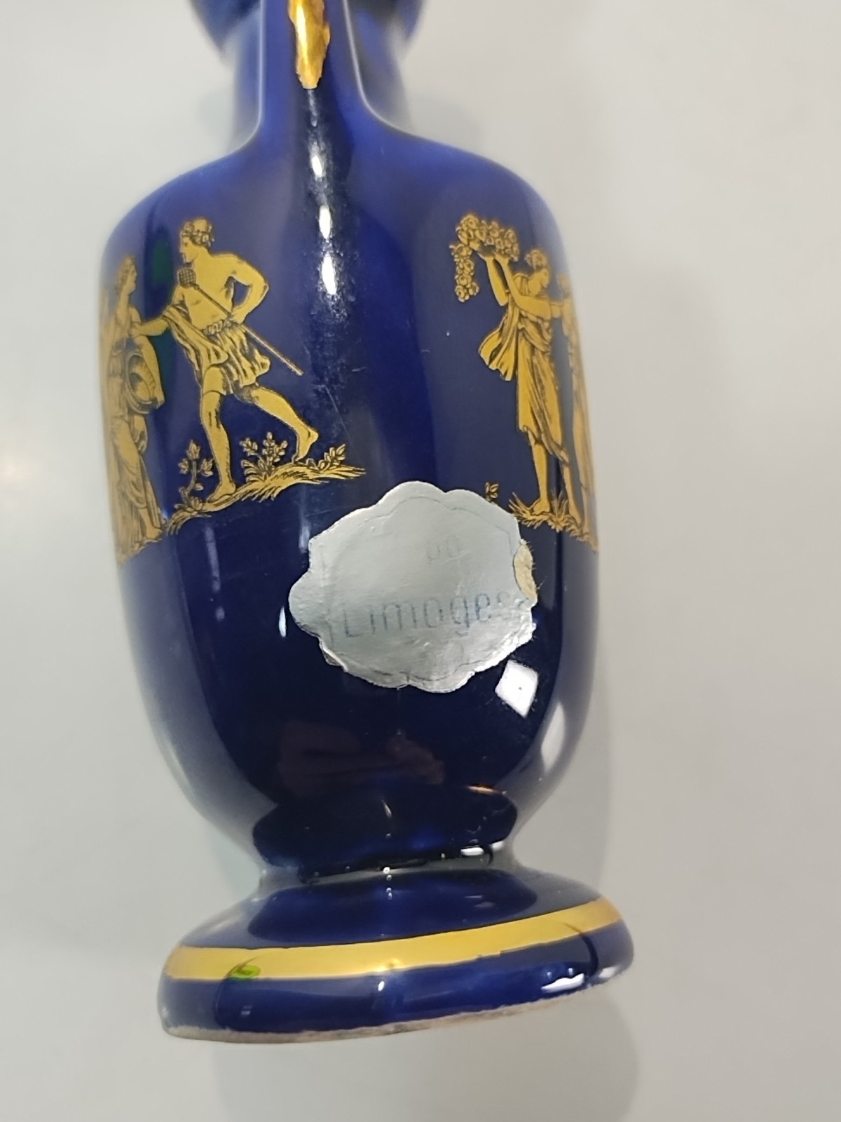 LIMOGES Porcelain Miniature Vase Greek Style Blue/ Gold 4.25” Pitcher w/ Handle
