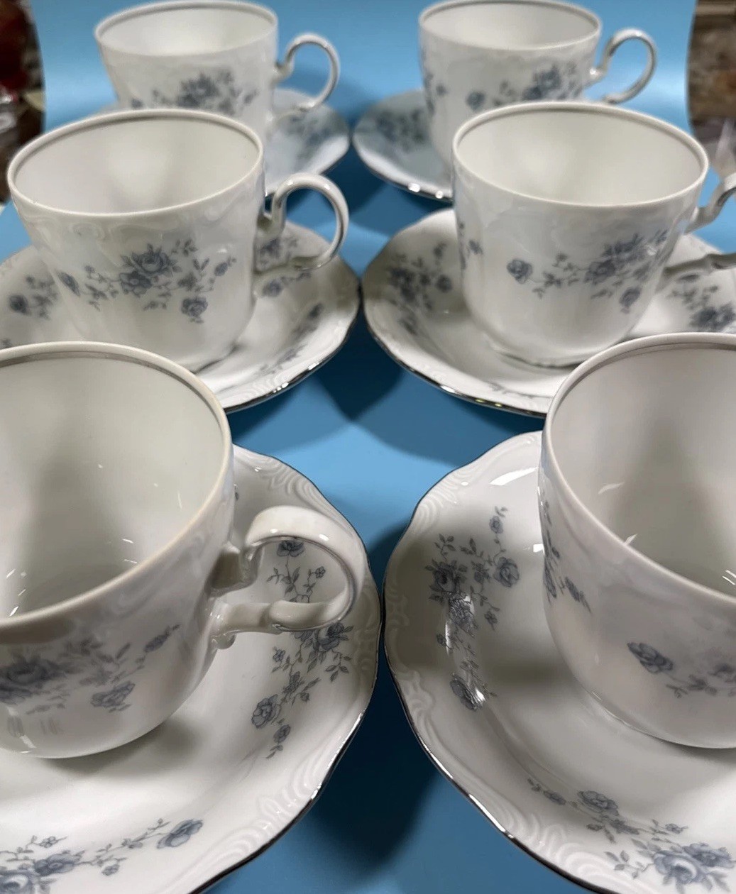 Johann Haviland Bavaria Germany Fine China Blue Garland 12 Pc Saucers & Cups