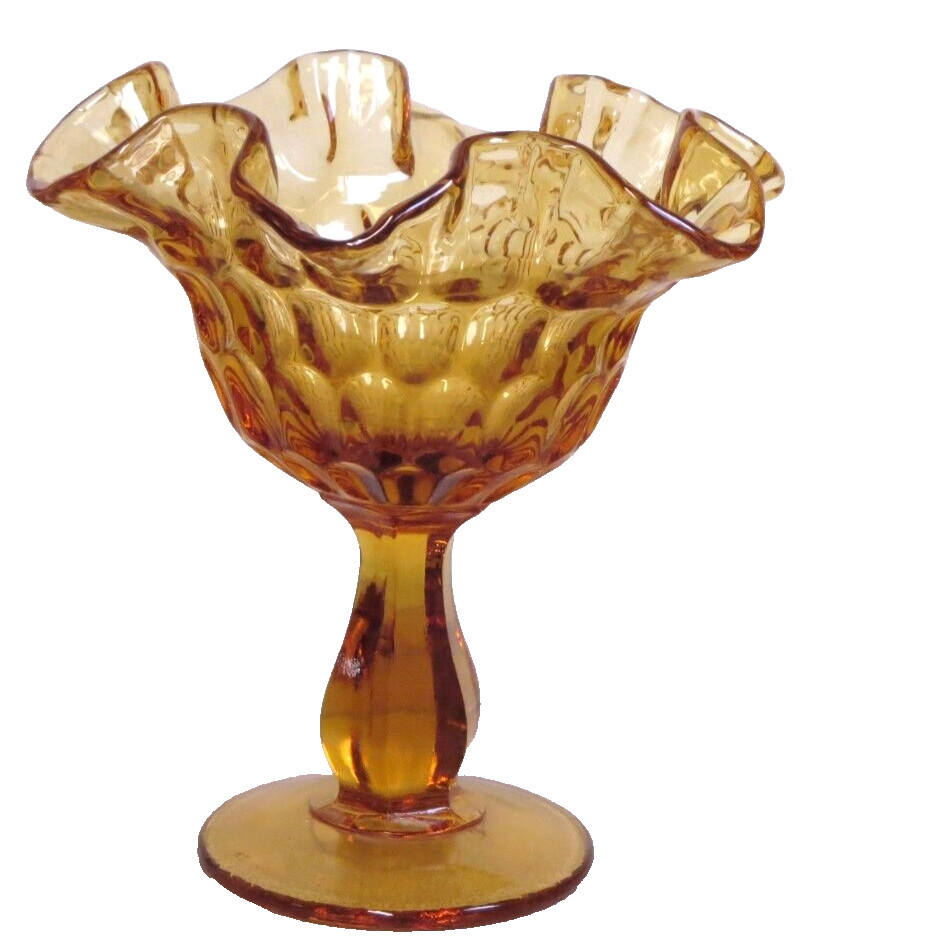 Vintage Fenton Amber Glass Compote Thumbprint Pattern Ruffled Rim Hexagon Stem