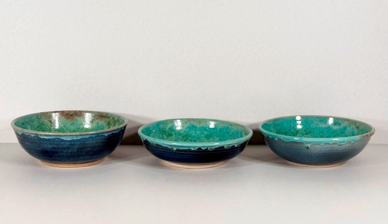 Set 5 Handmade Studio Pottery Bowls Signed D Blue Green Drip Glaze Stoneware
