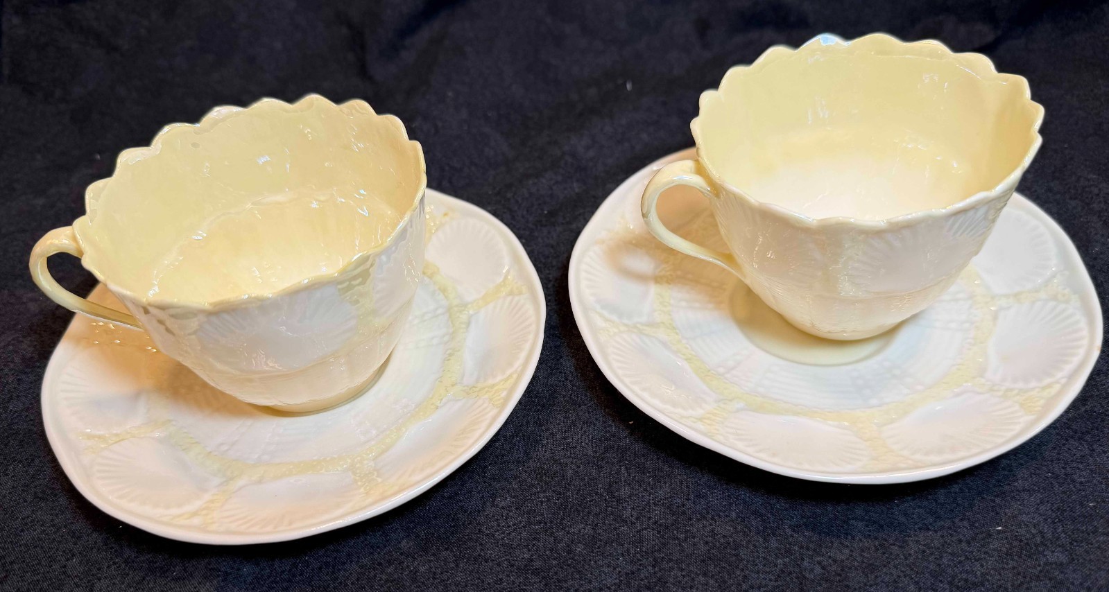 Two Belleek Shell Teacup and Saucer Sets. Handmade in Ireland.