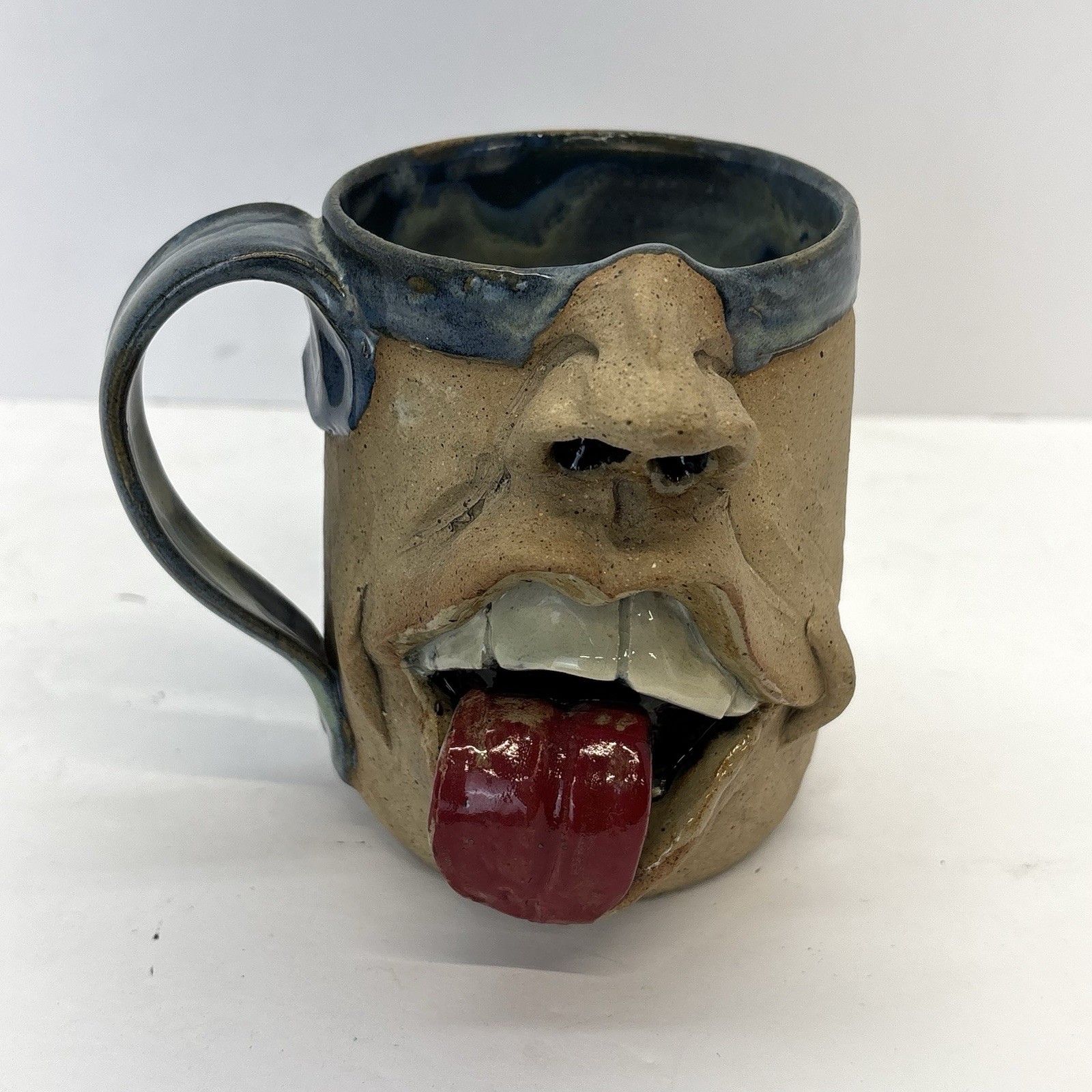 Folk Art Pottery UGLY Face Mug Big Mouth Tongue Ceramic Signed Funny Gag Gift