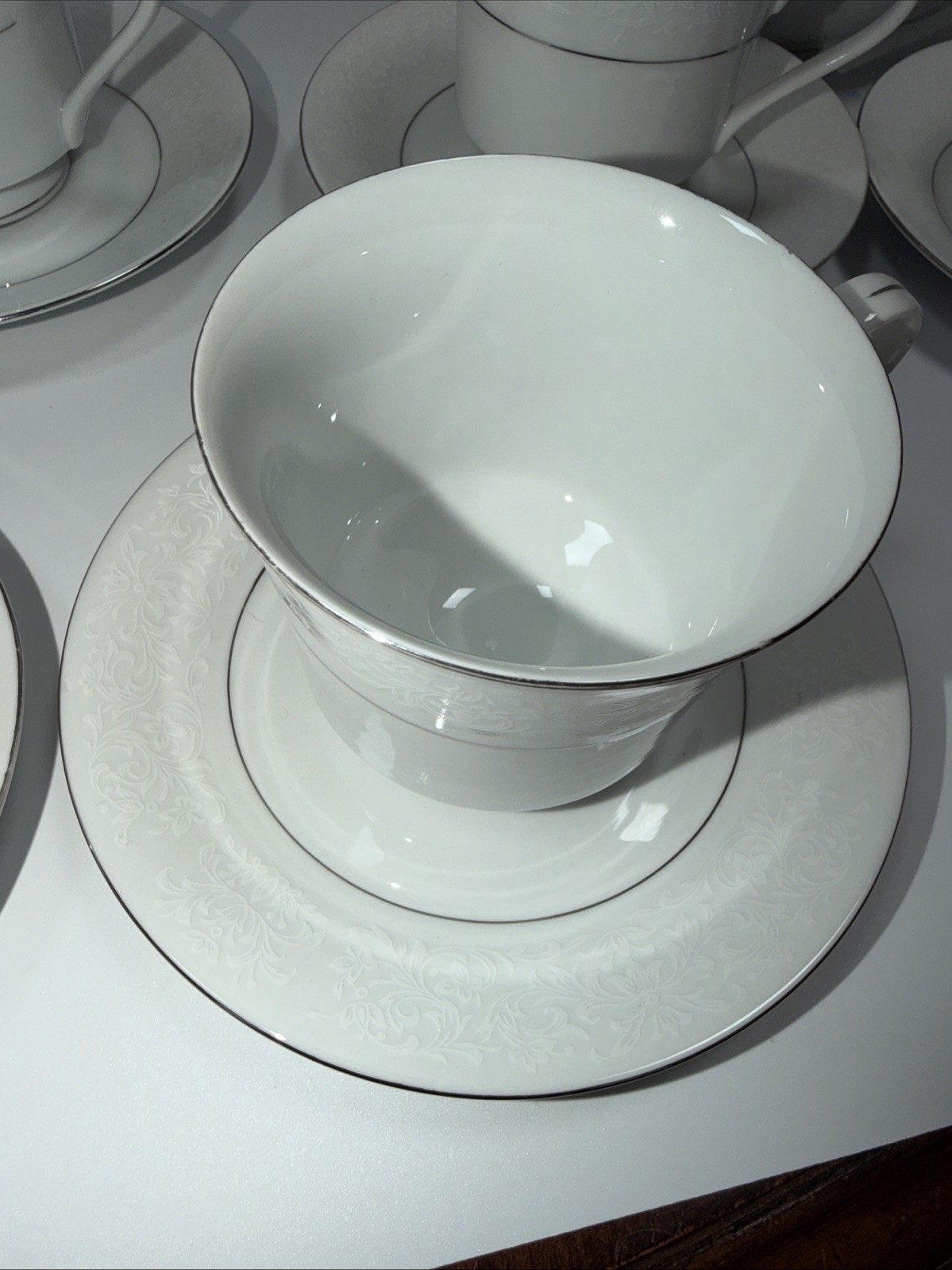 Fine China Set Of 30 Pieces White On White Floral Silver Trim Vintage
