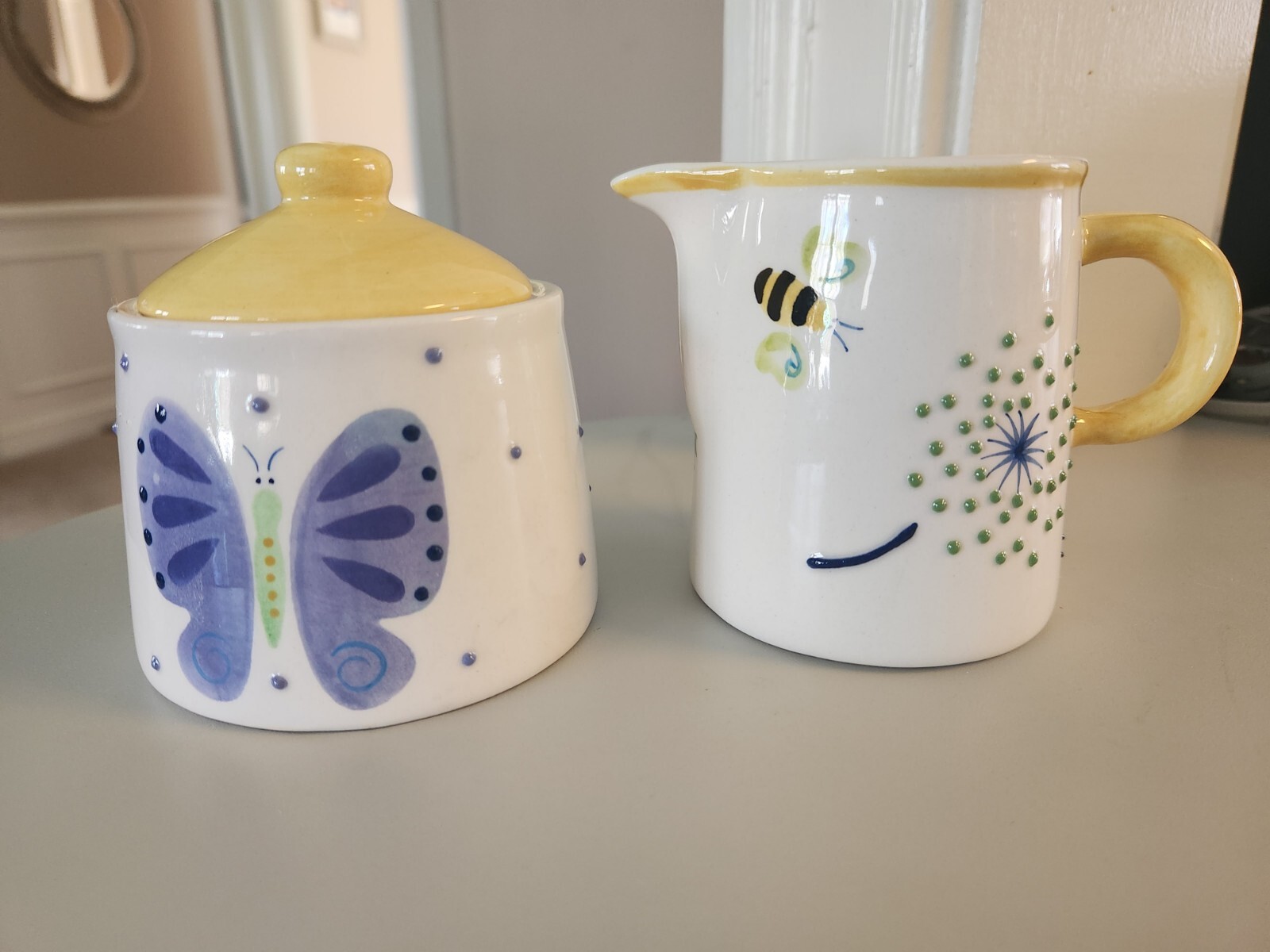 Bico China Cream Pitcher / Sugar BowlWhite Yellow Frog Bumble Bee Lady Bug Flowe