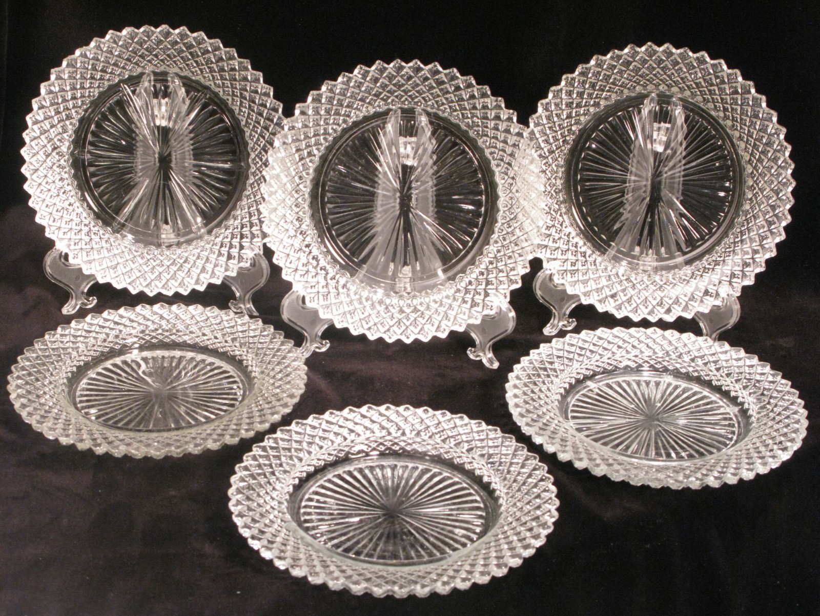 Set of 6 Vintage Clear Pressed Glass Luncheon Dessert Plates Diamond Cut Pattern
