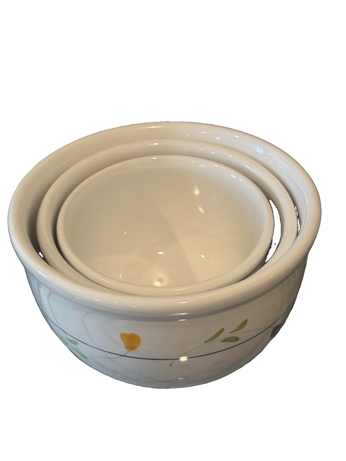 Vintage Italy Nesting Ceramic Mixing Bowl Set 3pc Floral Blue Line Stoneware Pot