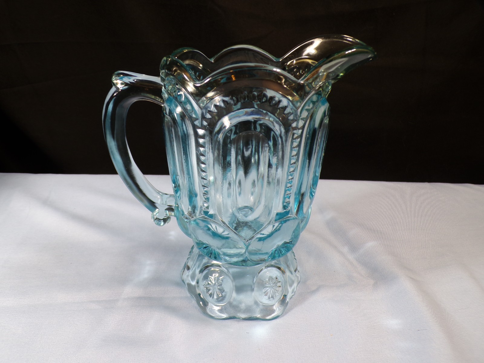 L.E. Smith Light Blue Glass Moon & Stars Creamer or Pitcher 6 1/4″ Tall