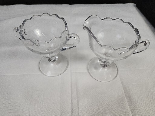 Footed Glass Creamer and Sugar Bowl Clear Glass with Scalloped Edge And Handles