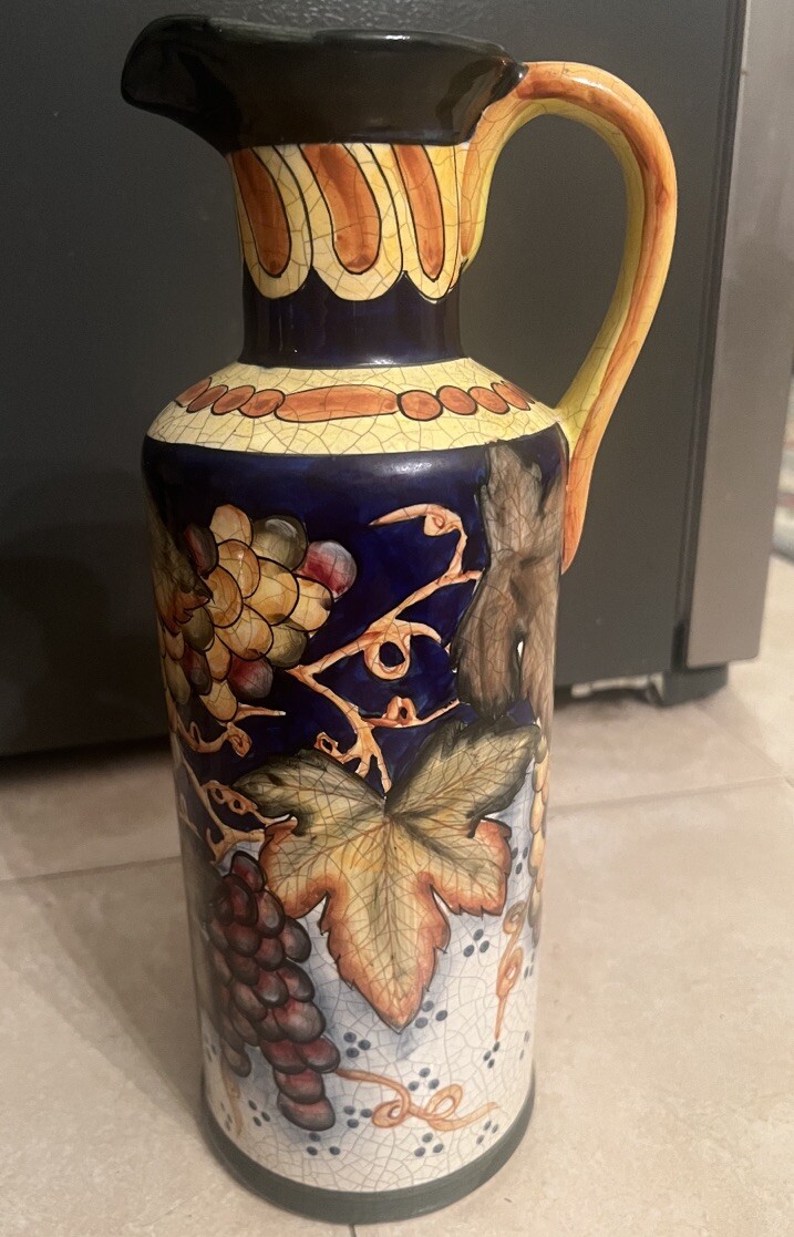 Italian Pottery Vintage Pitcher Fruit And Leaves Painted Rare Gorgeous