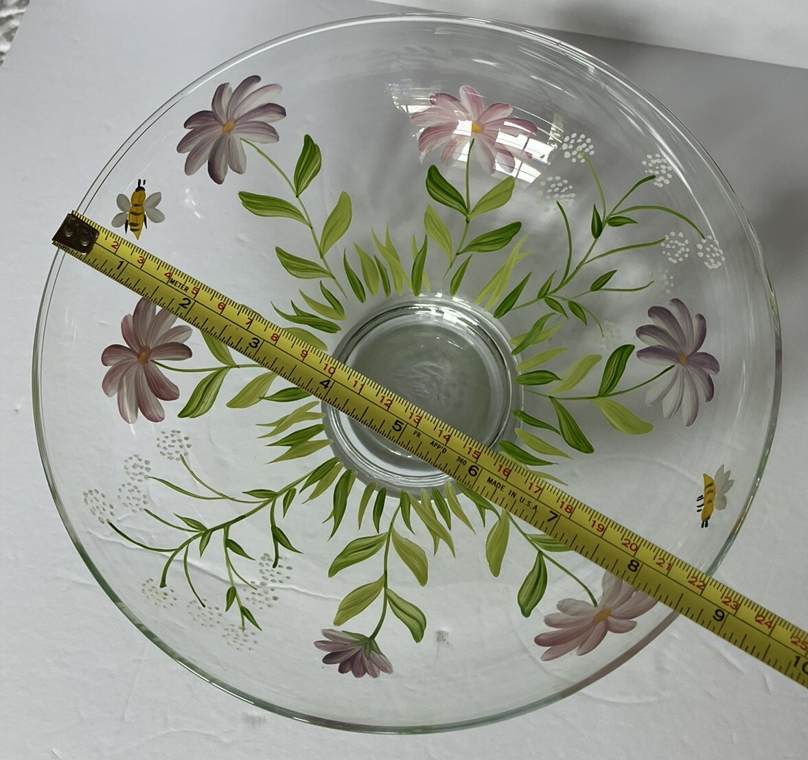 Hand Blown And Painted 9 Inch Glass Bowl And 6.5” Vase Floral And Bees