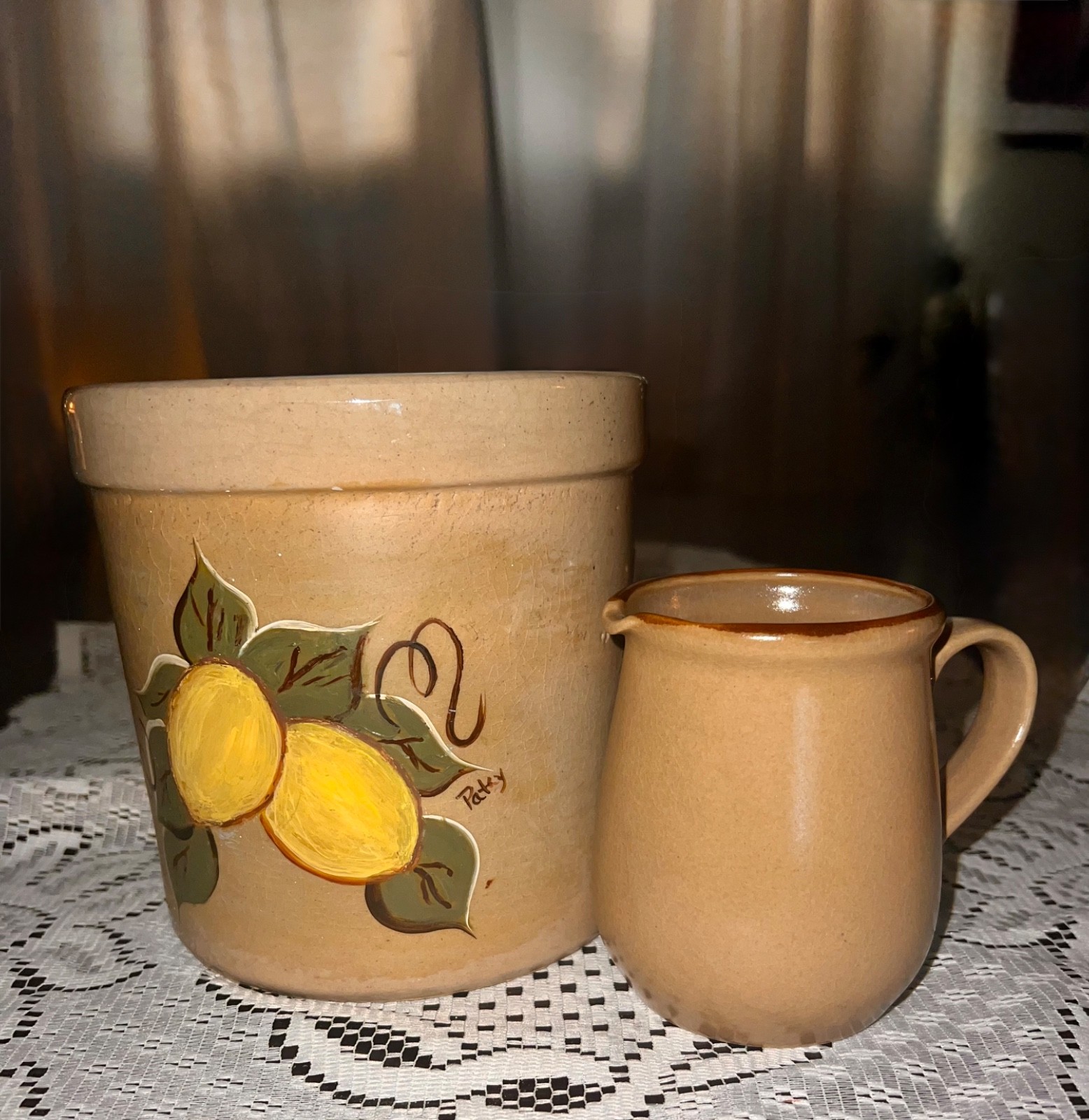 Vintage Hearthside Japan Creamer & Rustic Signed Lemon Pottery Crock Set