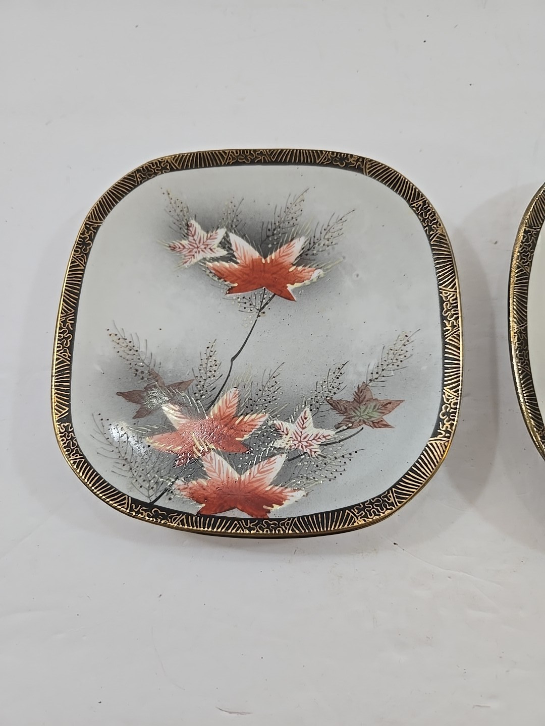 2 Vintage 5″ Square Plates w/ Wall Hangers Hand Painted Orange Leaves Gold Trim