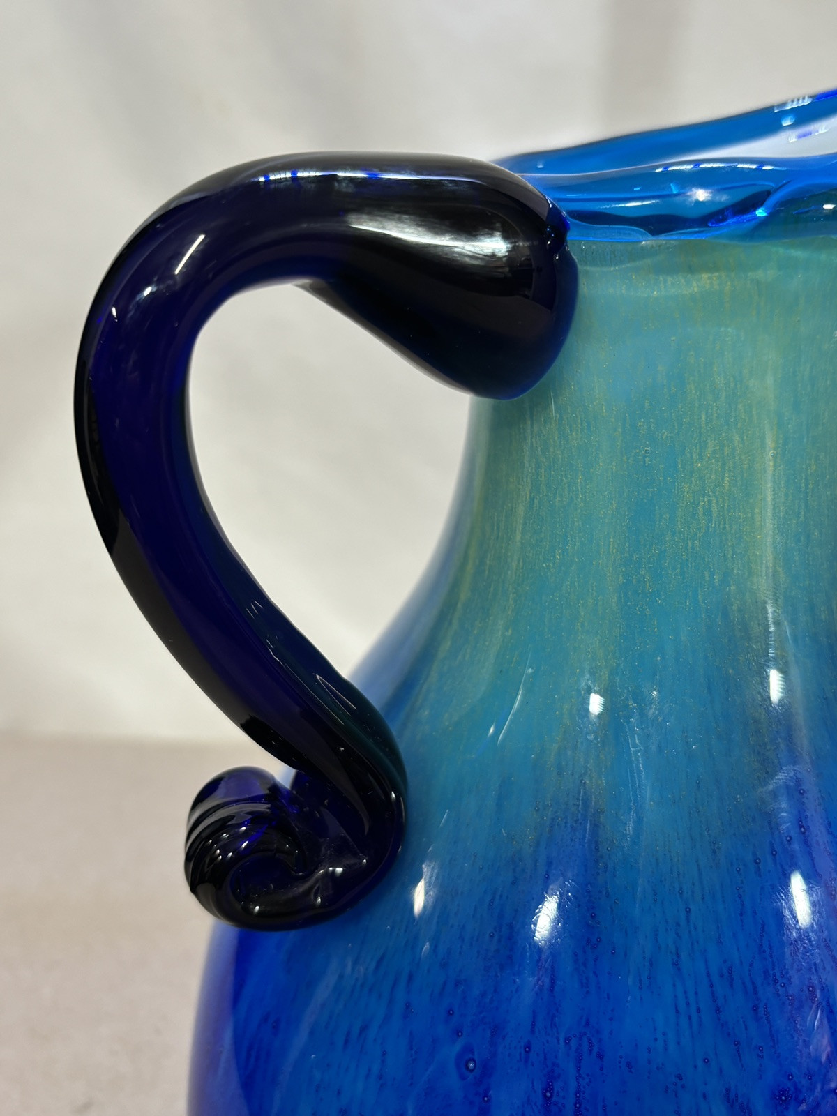 Hand Blown Murano 3 Sided Cased Cobalt Blue to Yellow Glass Pitcher