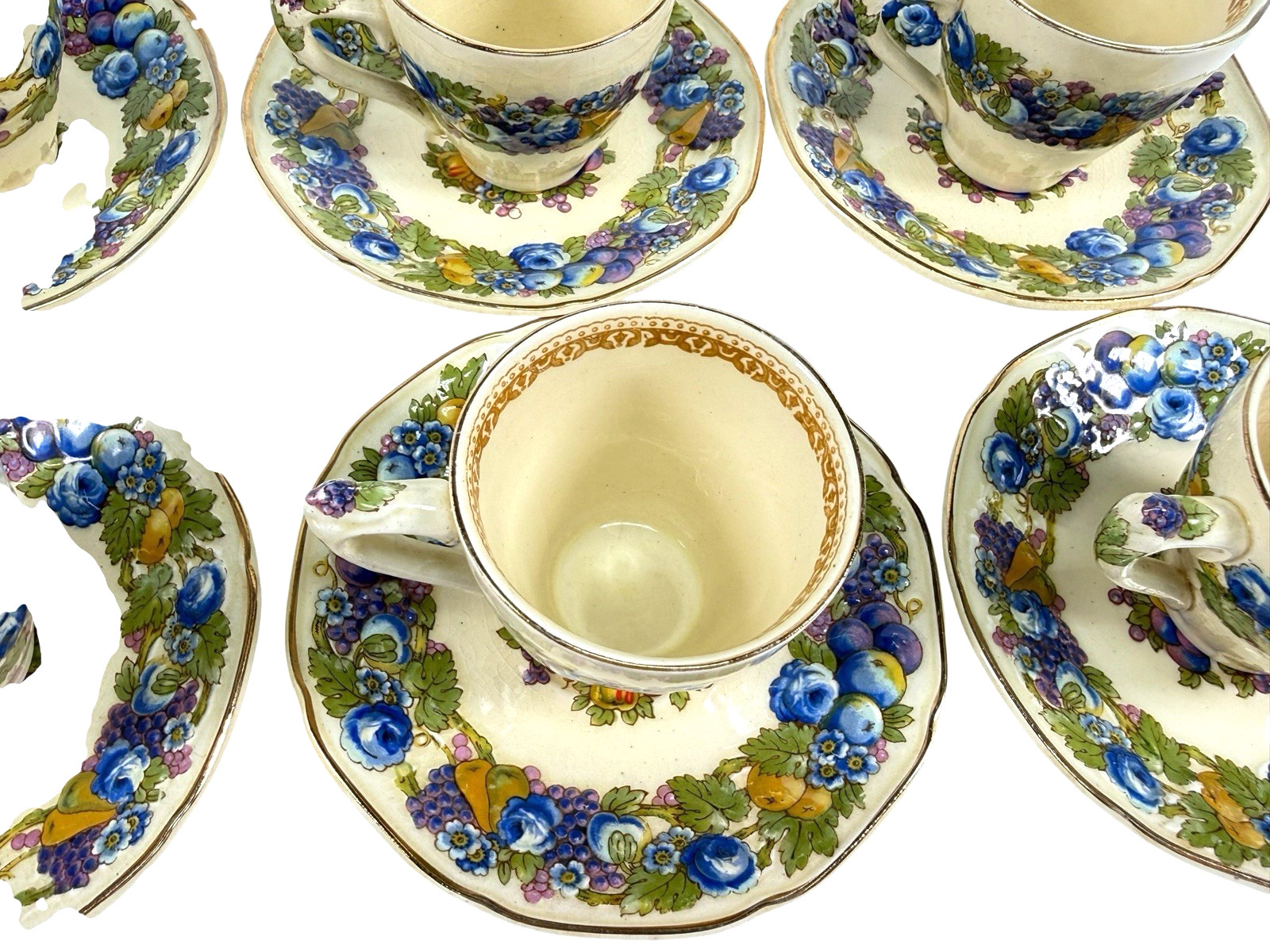 Vintage Crown Ducal Florentine Tea Set of 6 Cups & Saucers Made in England 1954