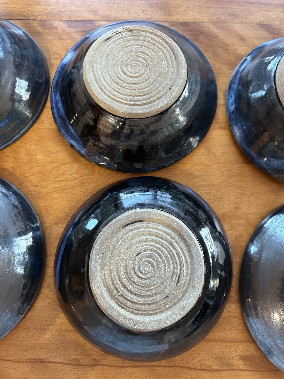 Set 6 Signed Hand Thrown Stoneware Blue Glaze Pottery Bowls 8” Approximately