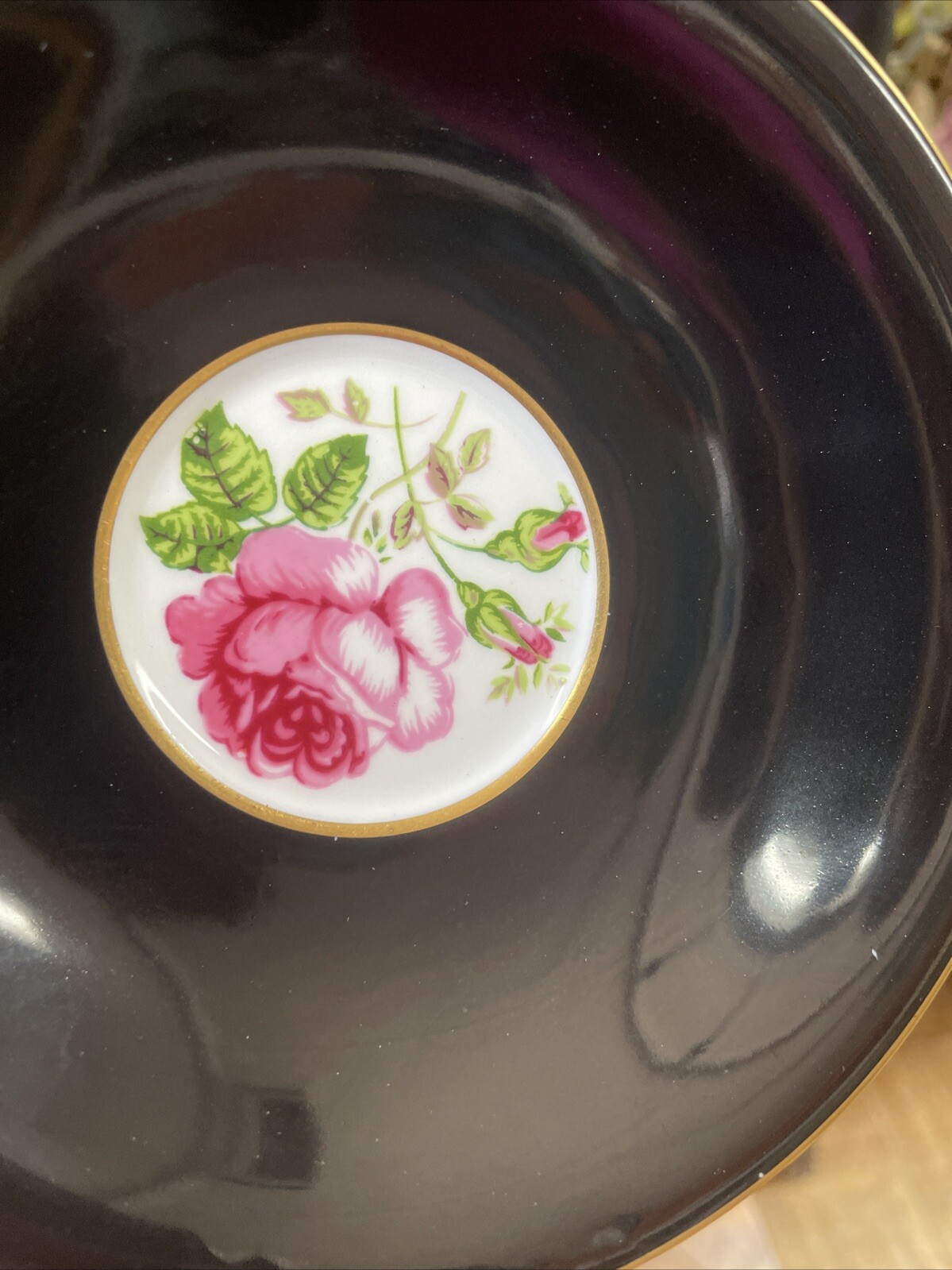 Antique Rare English Windsor Black Gilded Floating Rose Teacup & Saucer Set