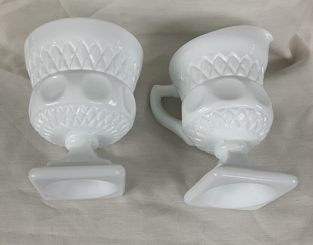 Indiana Kings Crown Thumbprint Milk Glass Set of Creamer and Sugar