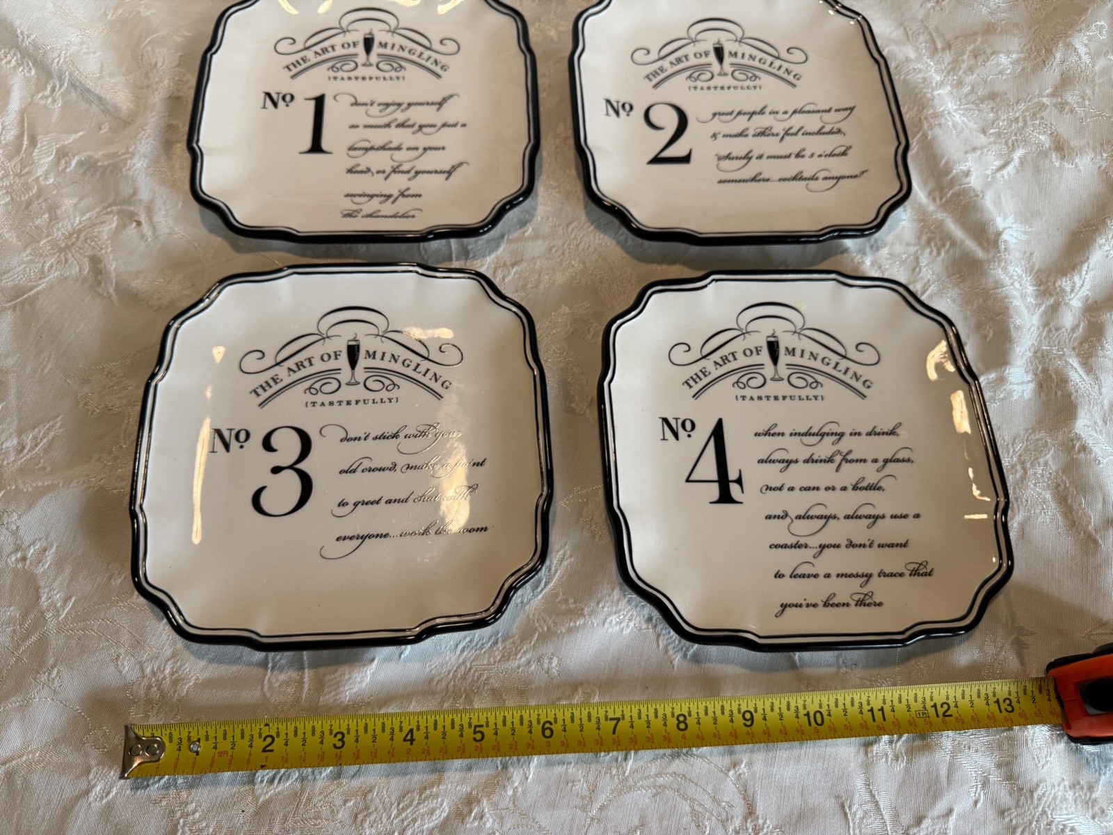 NWOB 4 THE ART OF MINGLING 6.5″ APPETIZER COCKTAIL BLACK AND WHITE PARTY PLATES