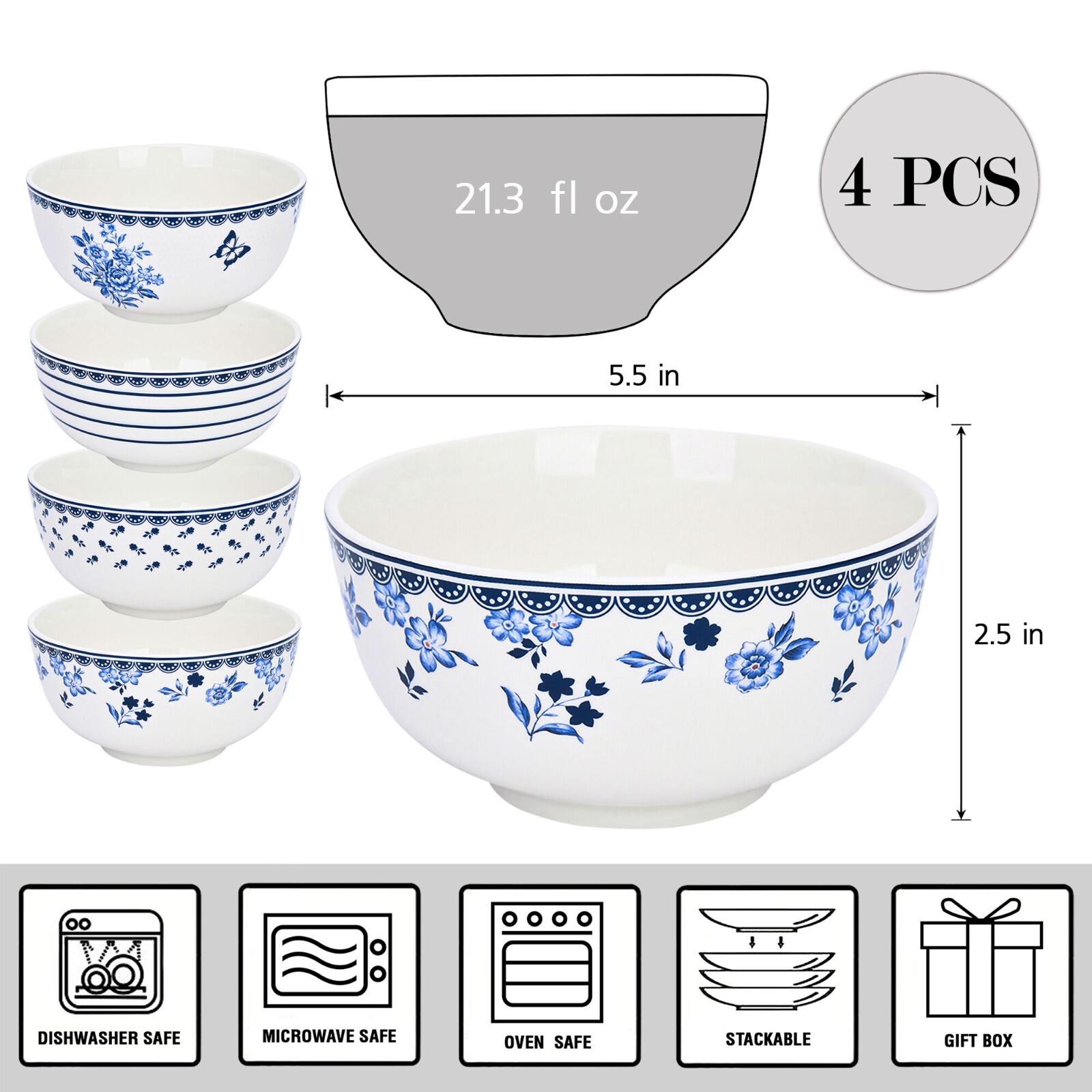 SET OF 4 Blue on White Porcelain Cereal Bowl Floral Mismatch Piala Set 21 oz ea