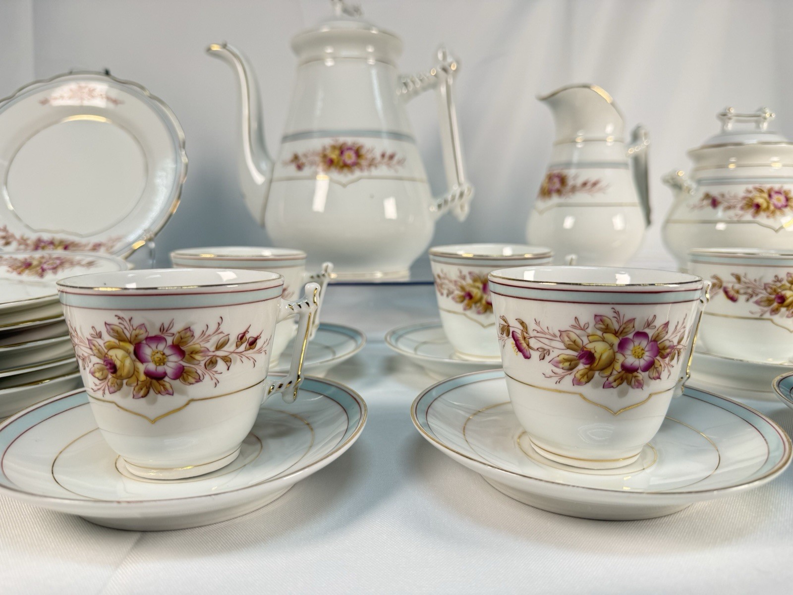 Antique KPM Waldenburg German Porcelain Coffee Tea Set 25pc Branch Handle Rose