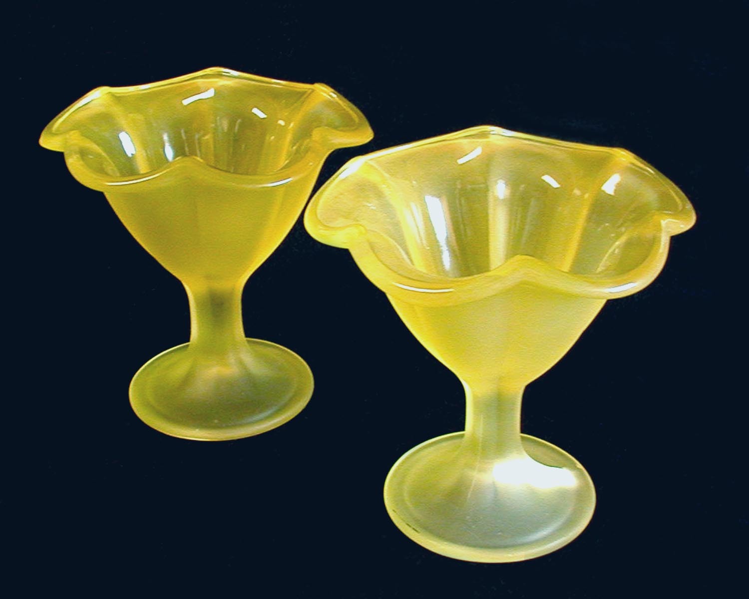 Two Large TULIP SHAPED Frosted Stemmed Ice Cream Dishes LIGHT YELLOW Pressed