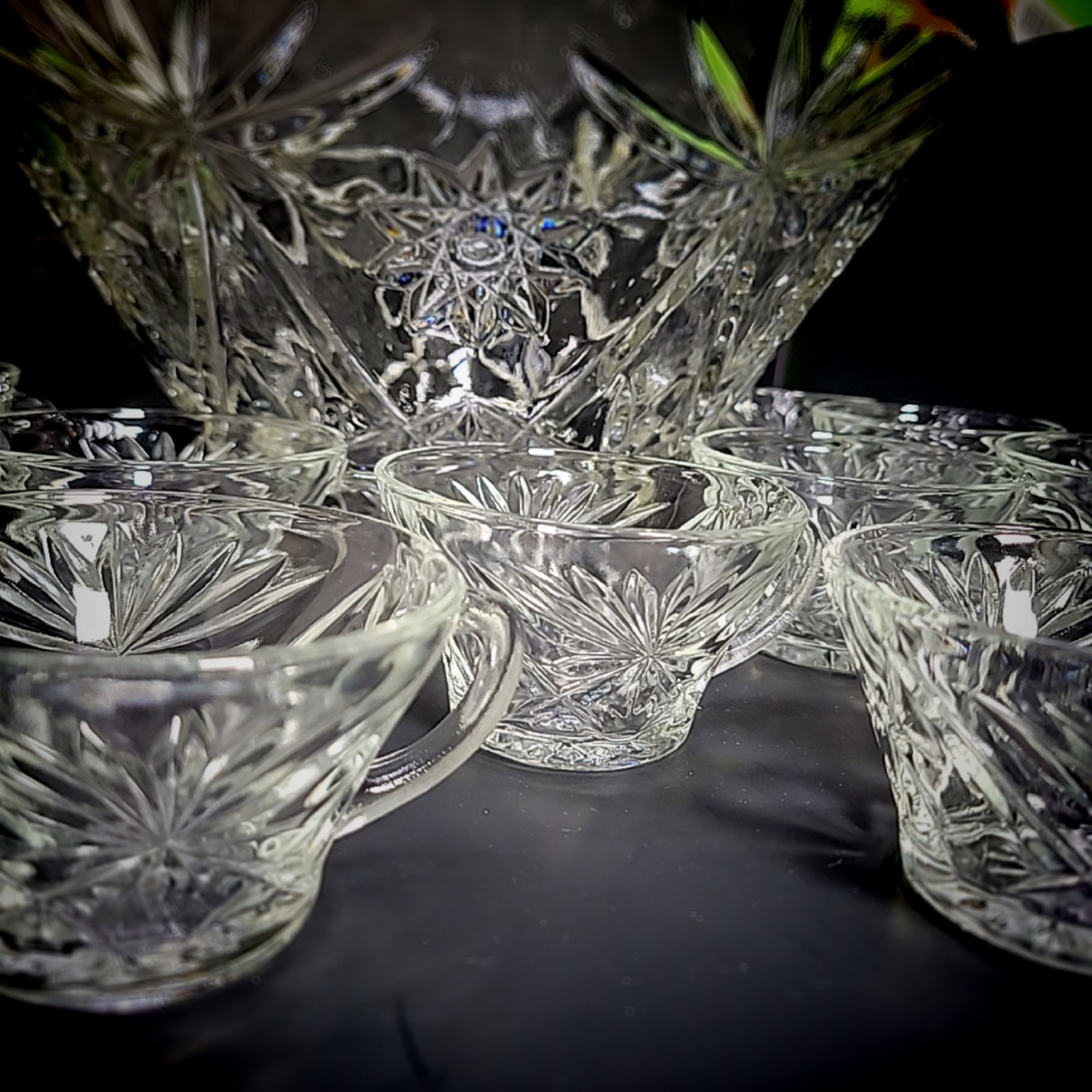 Vintage Glass Punch Bowl & 12 Cups Set