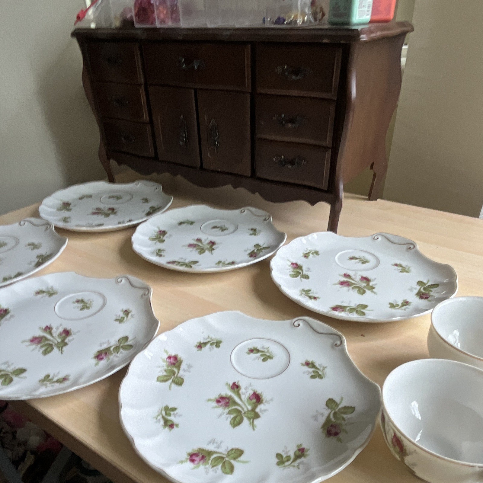 Porcelain Floral Dinner Set White Pink Green Cups Saucers Bowls Plates