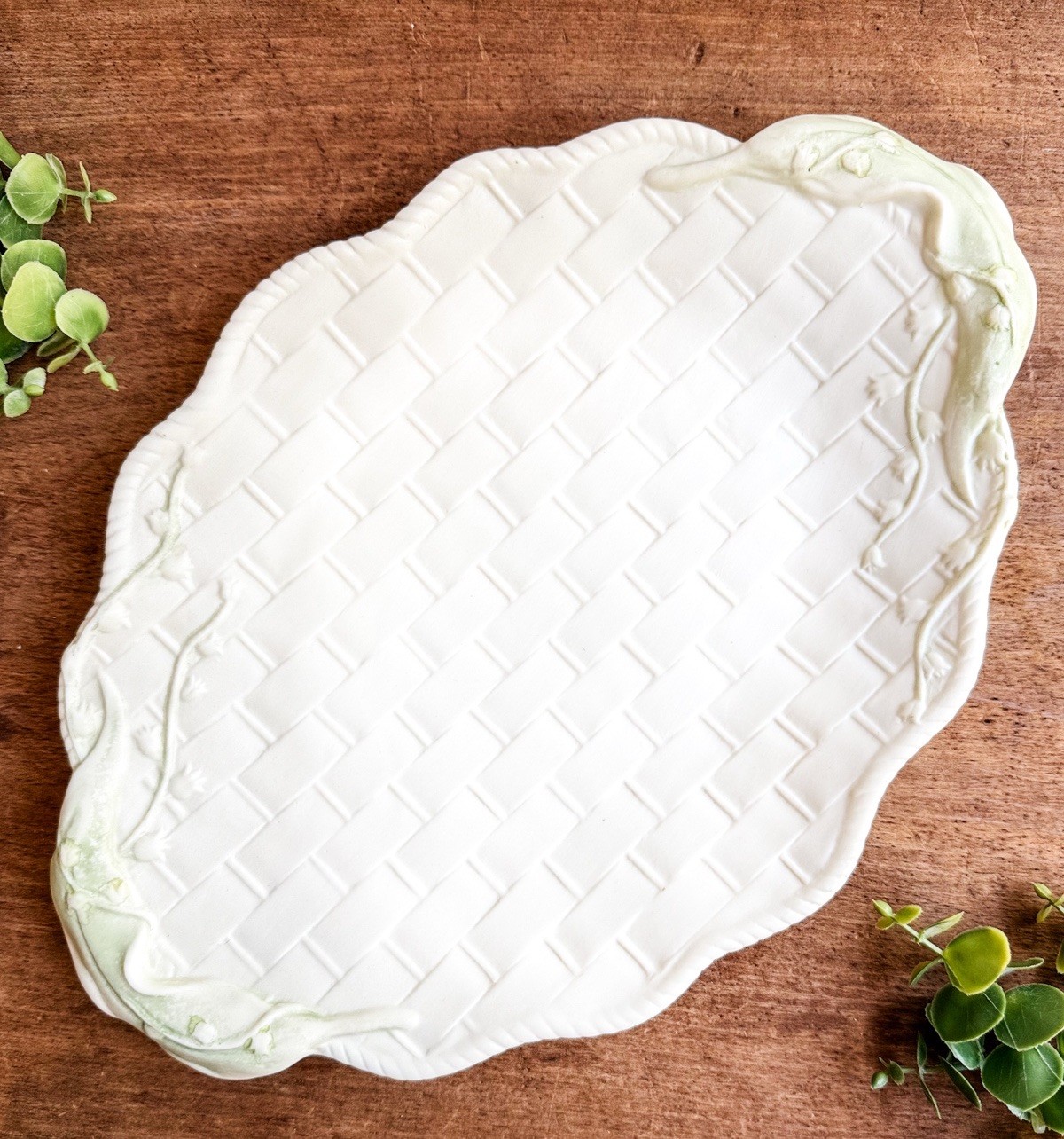 Vtg Bisque Porcelain Platter w/ Basket Weave Pattern Florals Cream & Soft Green