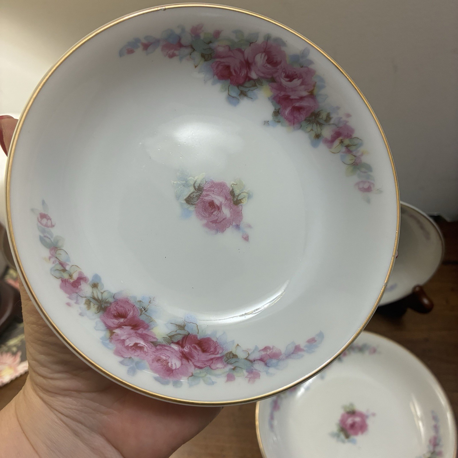 6 Vintage Fine China Corona Fruit Dessert Bowl Pink Roses Made In Occupied Japan