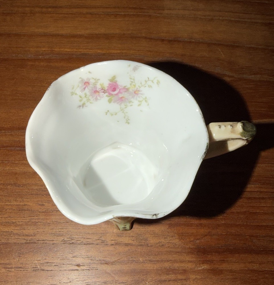 Porcelain Creamer Floral Gold Trim Footed Base Decorative White Pink Green