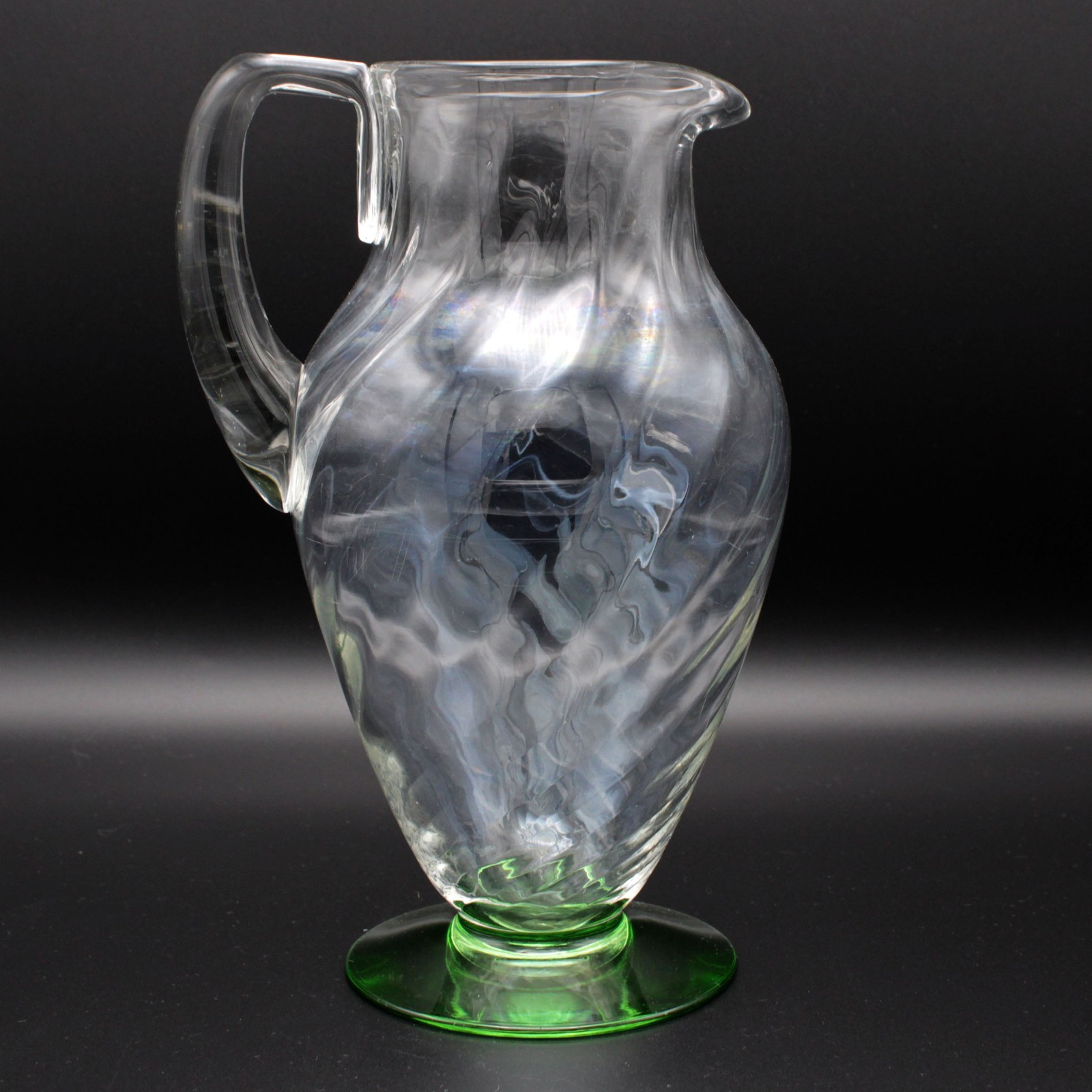 Fostoria Spiral 4095 Green Foot Pitcher, Antique Elegant Glass, Swirl 10 1/2″