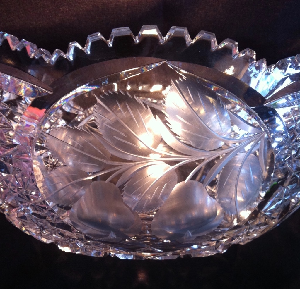 Cut Glass Bowl Intaglio: 11 5/8″ L x 7 1/2 W x 4 1/2″ H