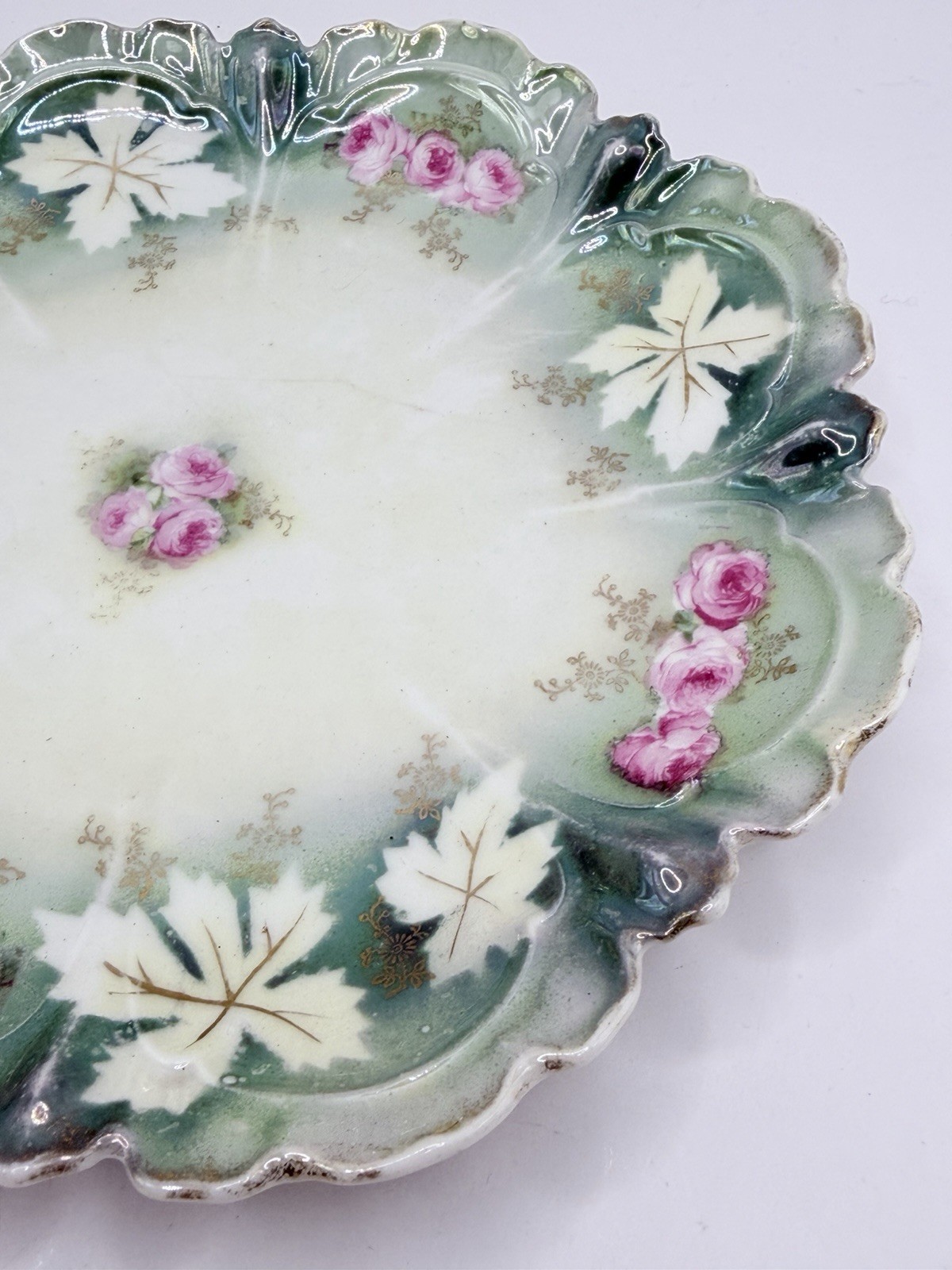Antique RS Prussia Porcelain Plate Pink Roses Green Gold Molded Leaf 7.75″