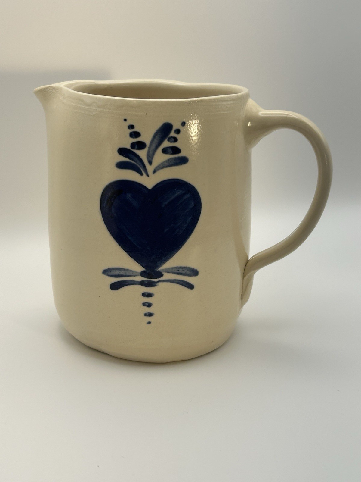 East Texas Pottery Small 4 1/2” Pitcher w Handpainted Blue Heart, Marshall, TX