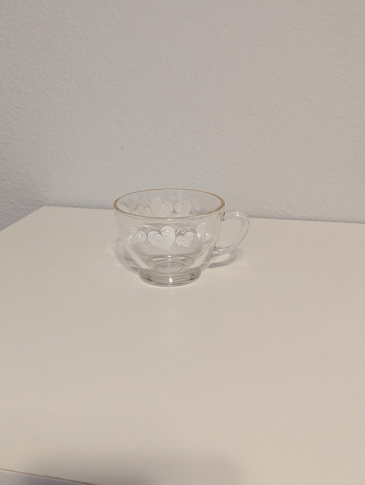 Vintage Clear Glass Tea Cup White Grape Leaves Gold Rim No Saucer