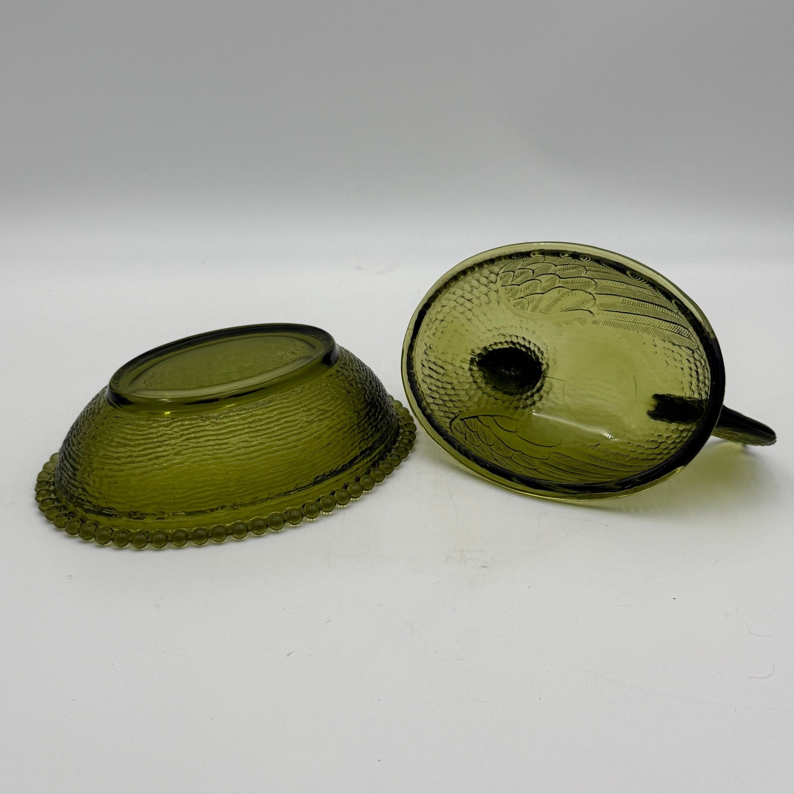 Vintage Olive Green Glass Hen on Nest Covered Candy Dish Farmhouse Decor 5.5in