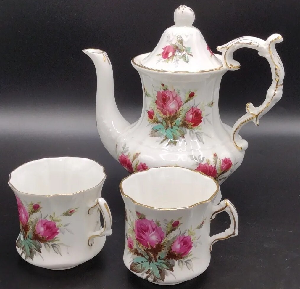 VTG Hammersley Bone China Grand Mother’s Rose Coffee Pot & 2 Flat Cups Gold Trim