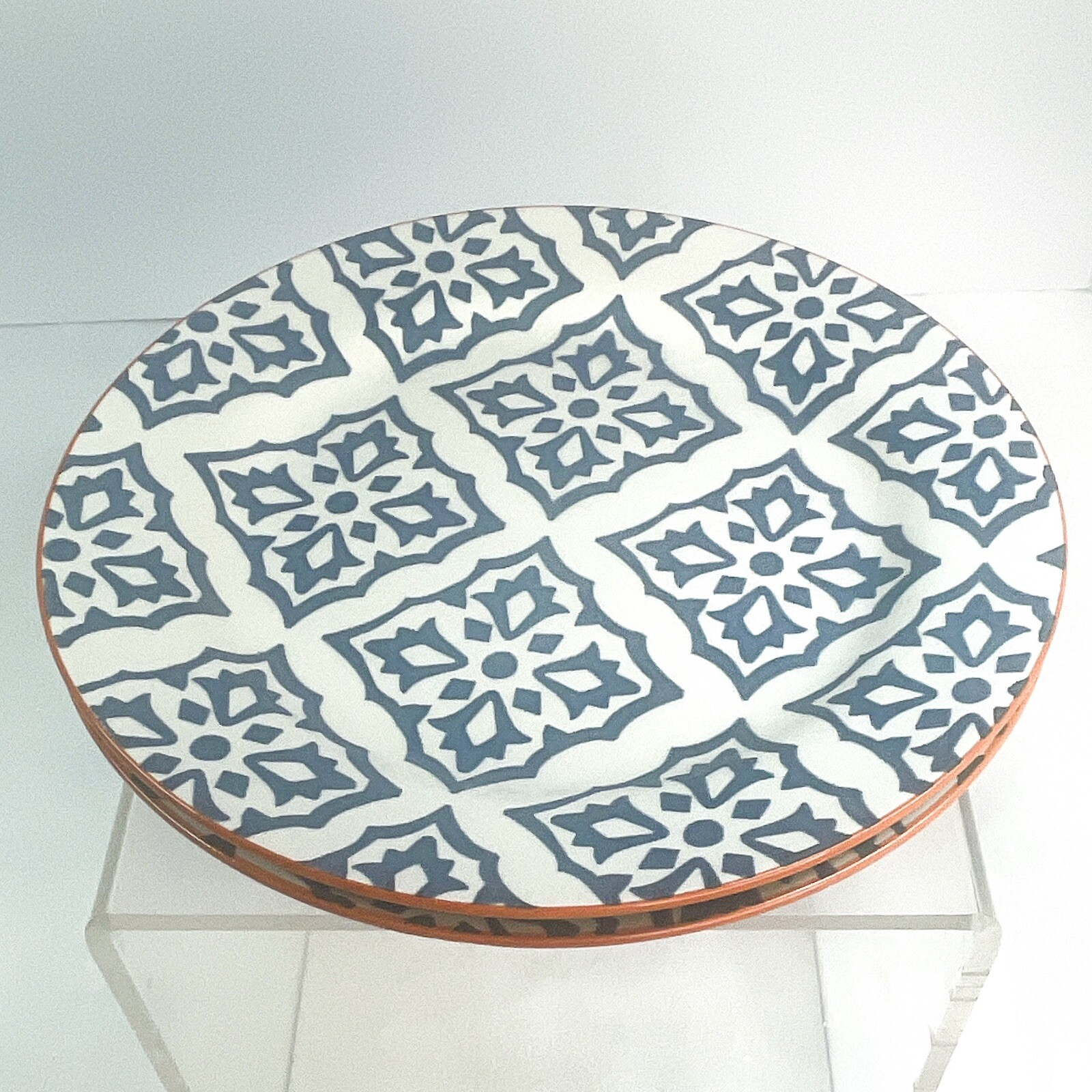 Baum Salad Plate set of Two SEVILLE blue design on off white brick Red edge 8″