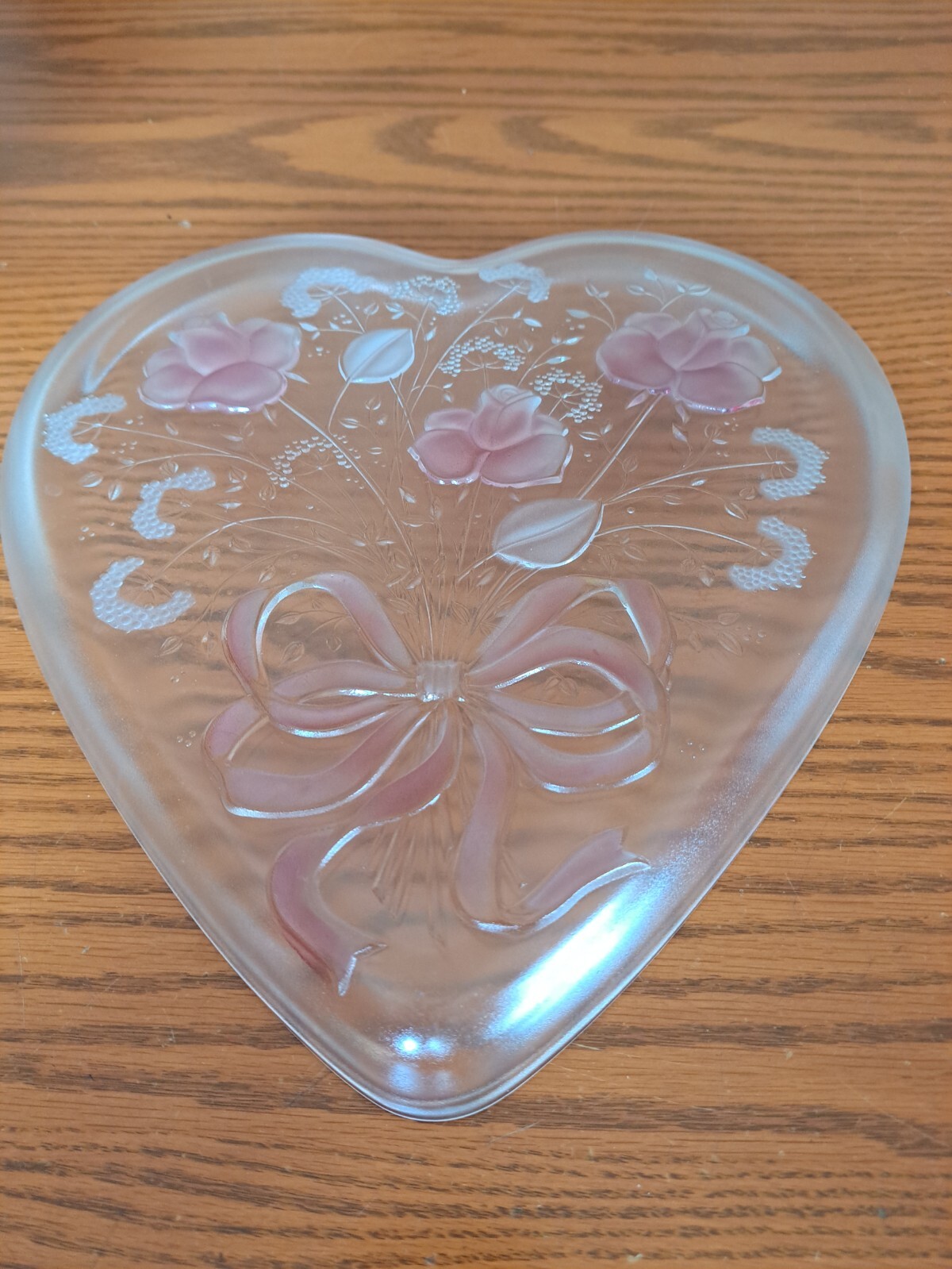 Mikasa Crystal GlassVintage Valentine Heart Shaped Serving Plate w/ Pink Roses