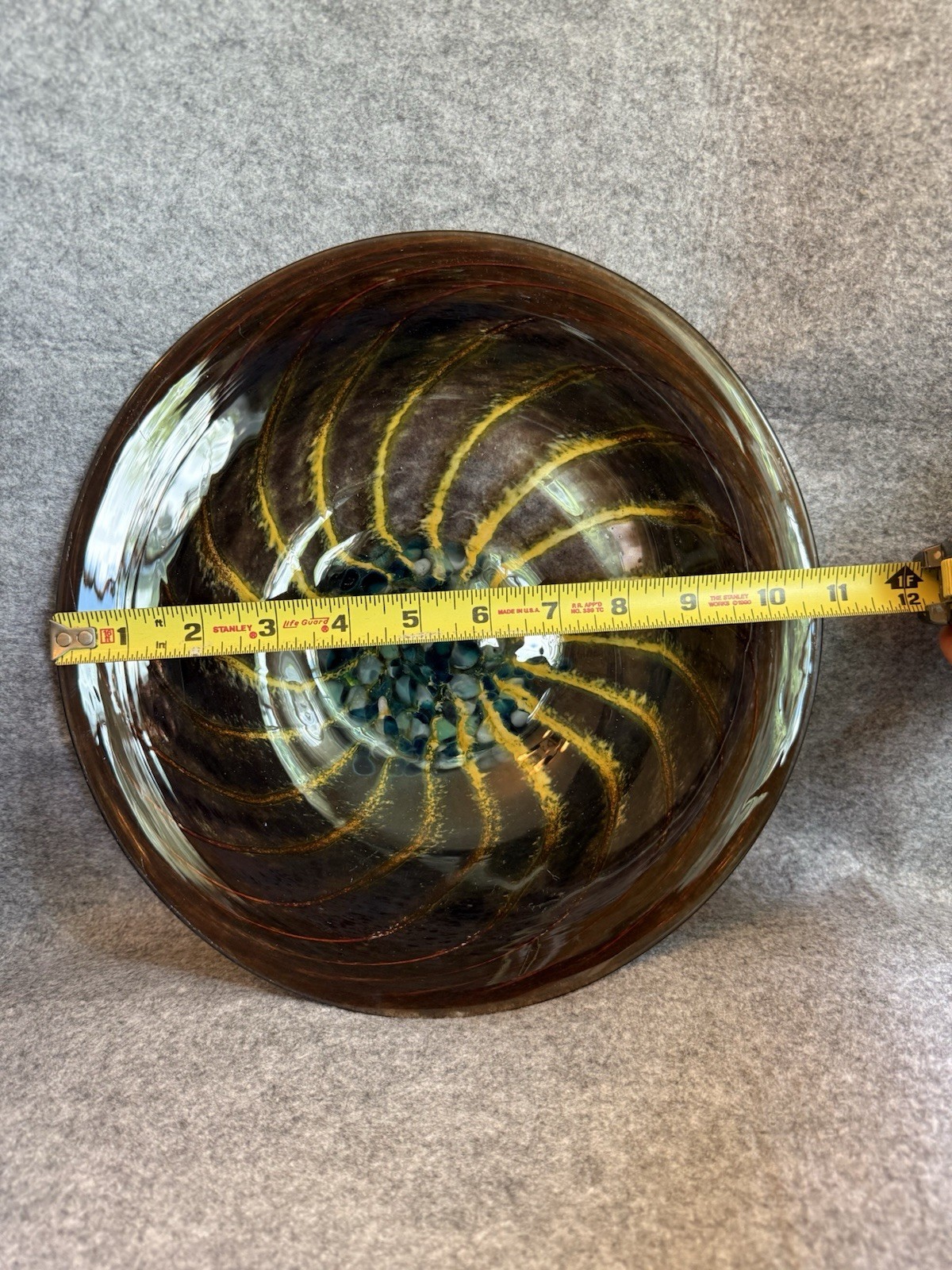 Contemporary Piece Of Art Glass Featuring A Swirling Design Brown, Blue & Yellow
