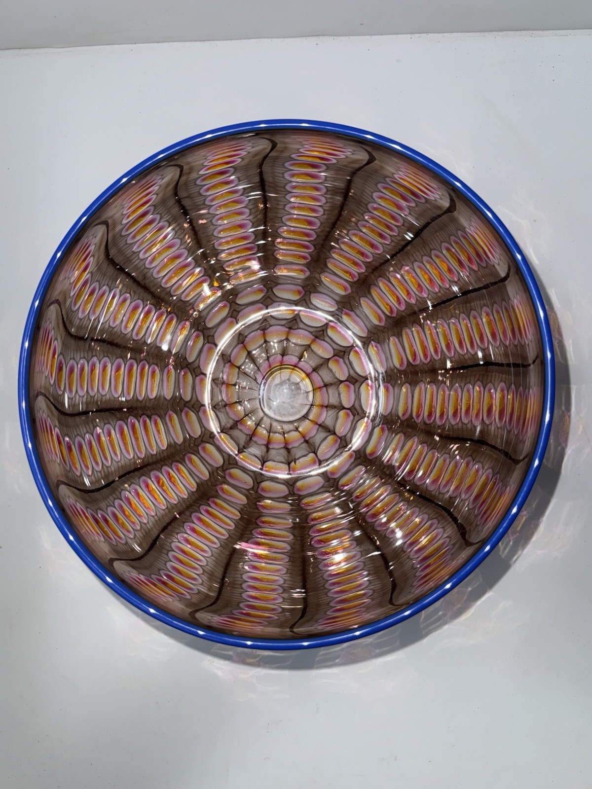Tom Philabaum 1997 Signed Studio Art Glass Bowl Reptilian Series Blue Rim