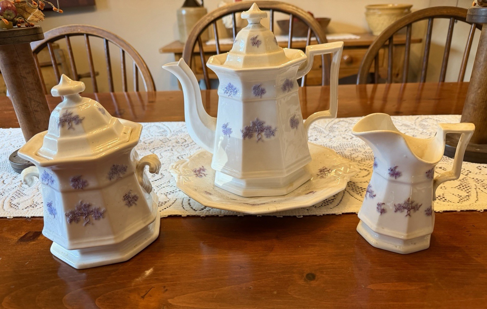 Chelsea Blue Grape Embossed COFFEE POT, Sugar, Creamer, Plate ~ ca. 1830s