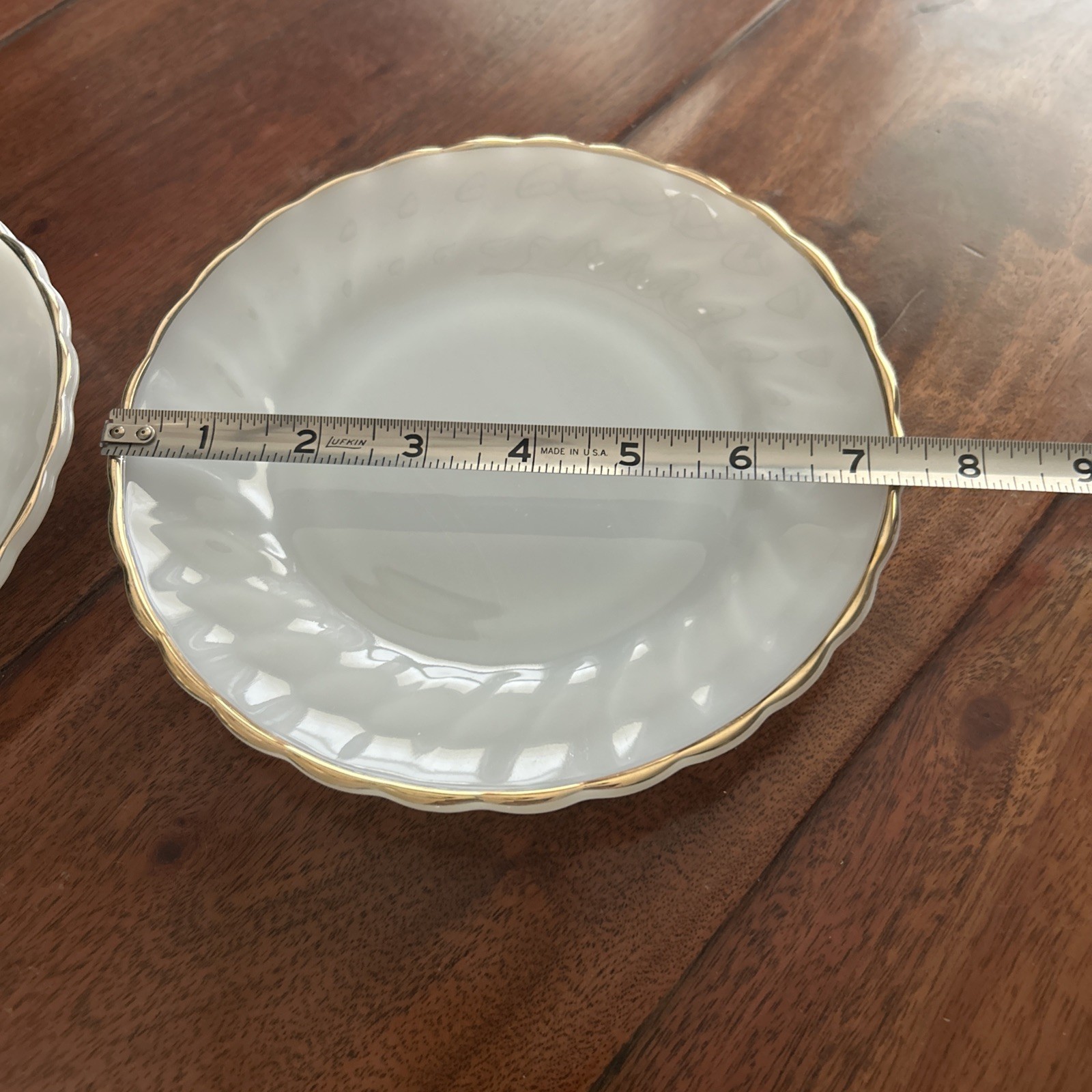 Vintage Anchor Hocking White Swirl Salad/Bread Plates 7.25″ Gold Trim Set Of 2