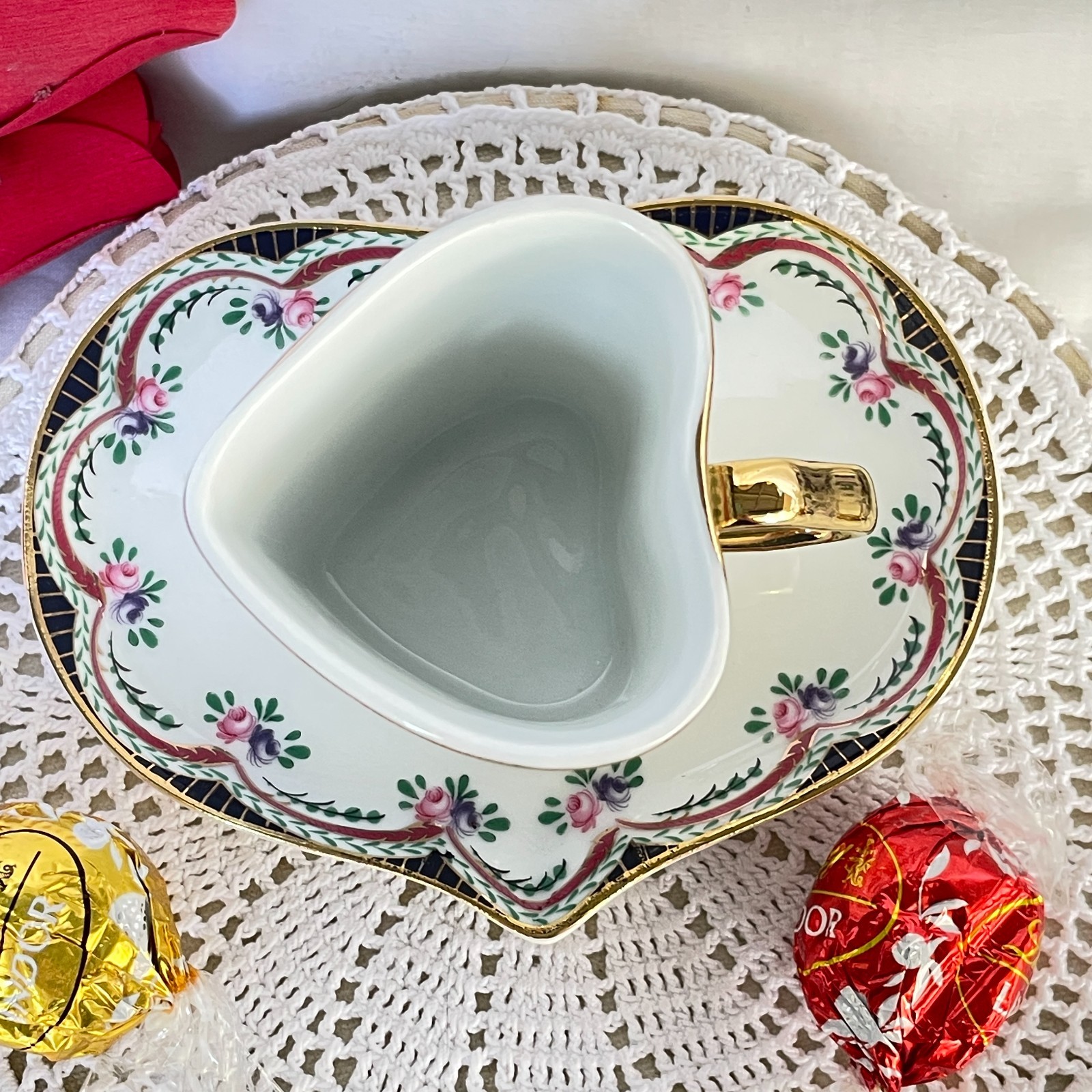 Vintage China Heart Shaped Coffee Cup & Saucer Cobalt Rim Rose Swags Gold Handle
