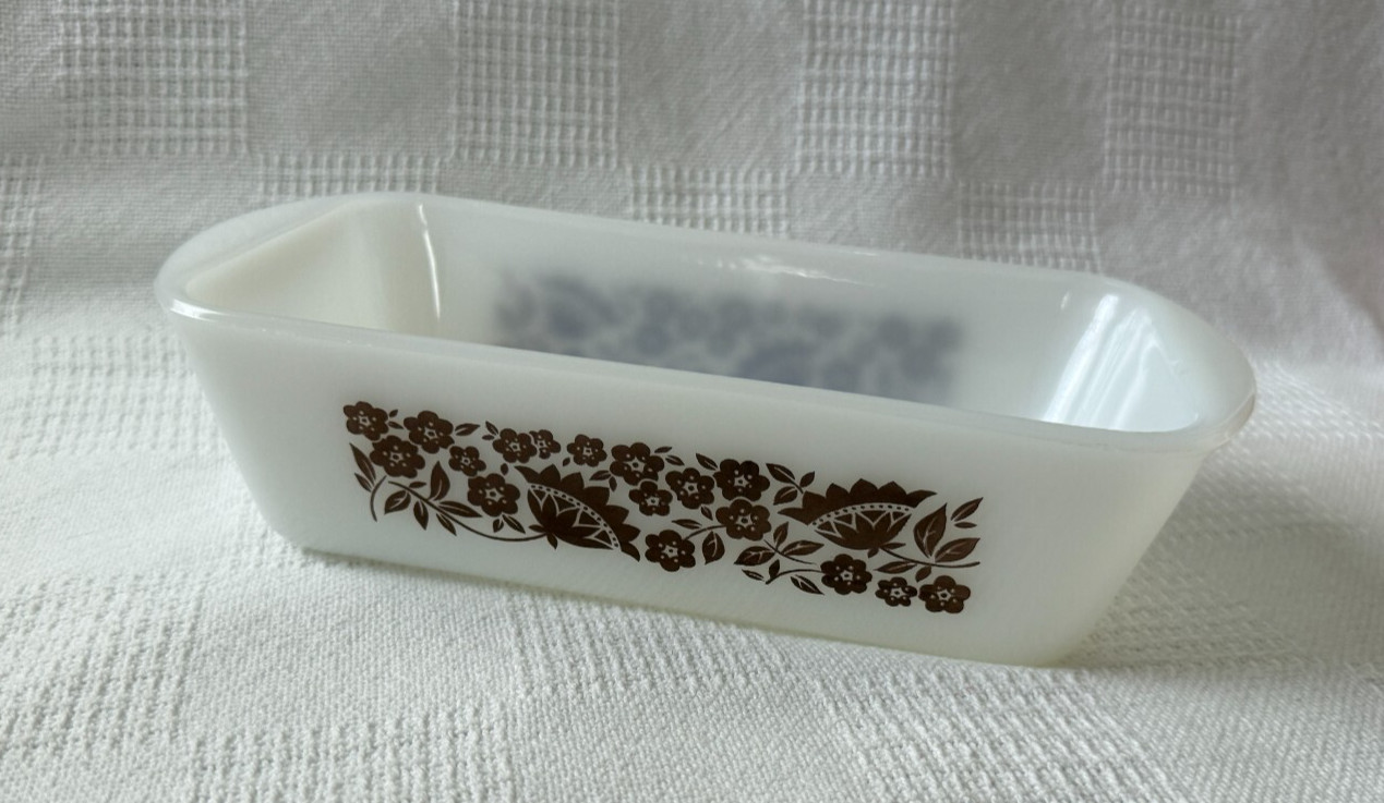 Vintage White Glasbake Baking Dish Loaf Pan J-522 Brown Floral Pattern 1.5 QT