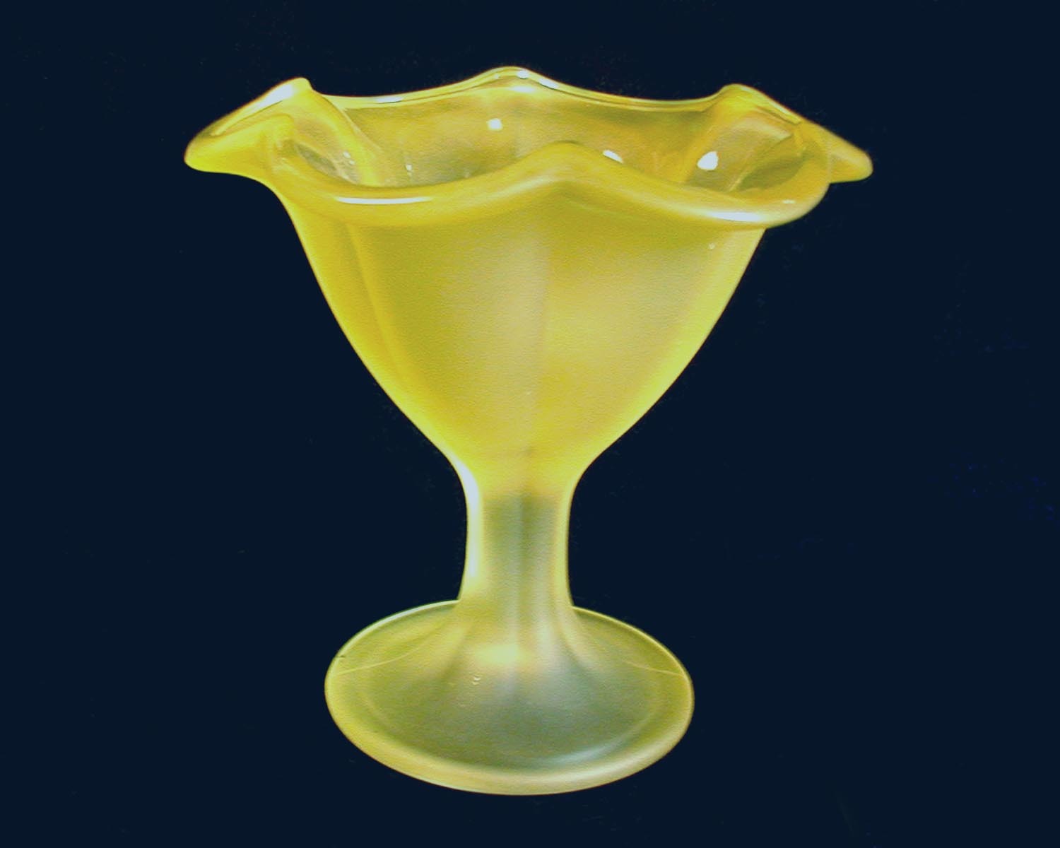 Two Large TULIP SHAPED Frosted Stemmed Ice Cream Dishes LIGHT YELLOW Pressed